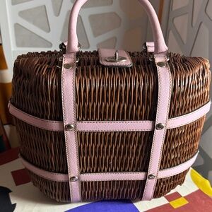 Vintage Brown and Pink Wicker Handbag